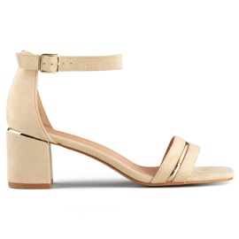 Sandali beige da donna con tacco basso e chiusura alla caviglia