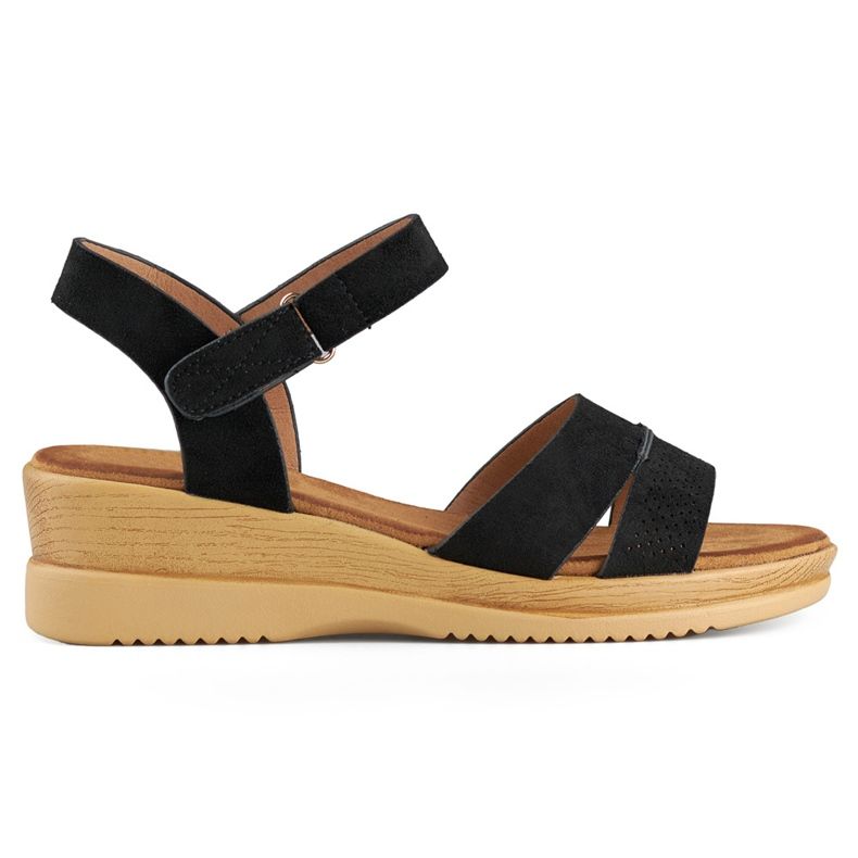 Sandali con zeppa in camoscio nero, comodi sandali da donna