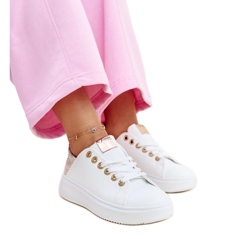 Sneakers Antonietta bianche e rosa con strass bianca