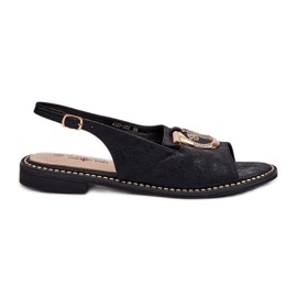 Sandali eleganti da donna con decorazione dorata su tacco piatto, neri S.Barski KV27-053 nero