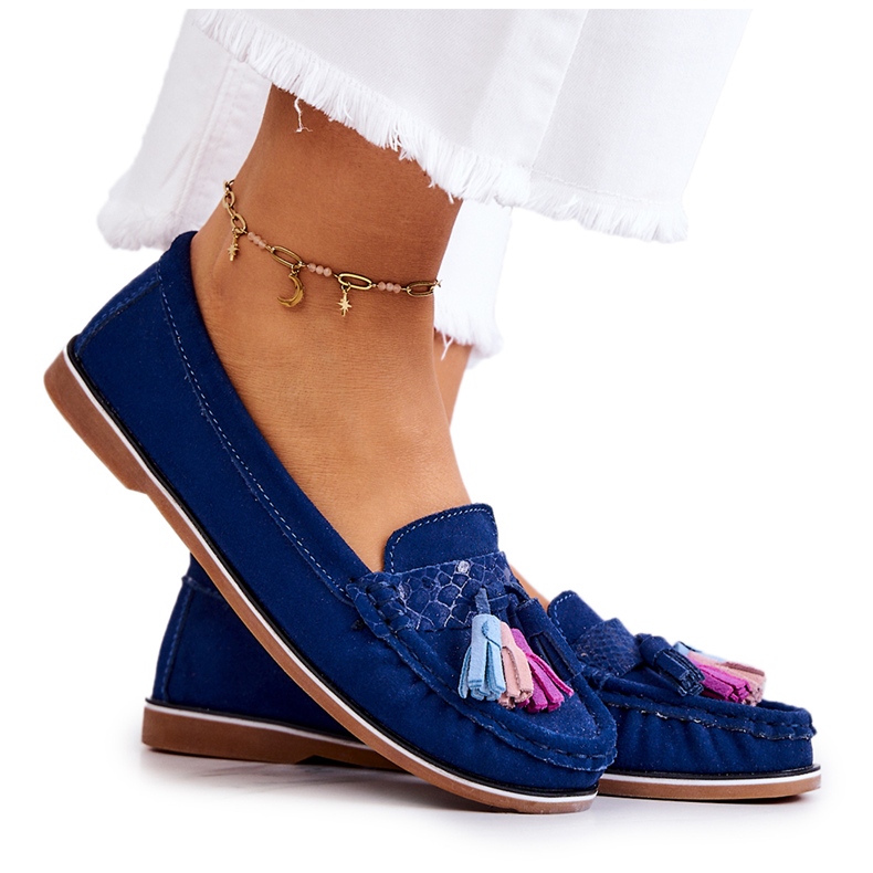 Evento Mocassini da donna in camoscio con frange, colore blu navy