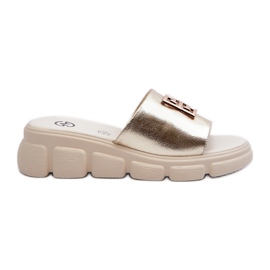 Infradito da donna in pelle con decoro oro su zeppa Vinceza 41444 Gold d'oro