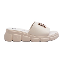 Infradito da donna in pelle con decorazione dorata su zeppa Vinceza 41444 Beige