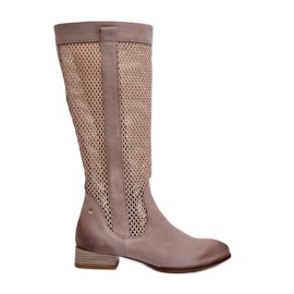 Stivali da Donna Traforati con Tacco Basso in Pelle Scamosciata Naturale Maciejka 06467-04 Beige