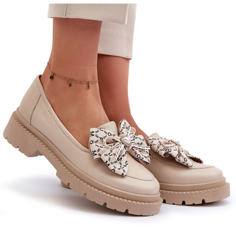 Mocassini In Pelle Da Donna Con Fiocco Laura Messi 2787 Beige Chiaro
