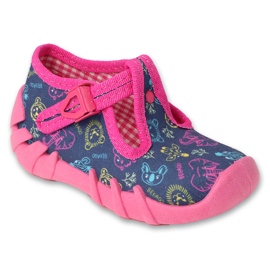 Pantofole per bambini Befado con chiusura 110N492, rosa con applicazioni colorate blu