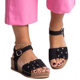 Sandali con zeppa neri con fiore Kifah nero