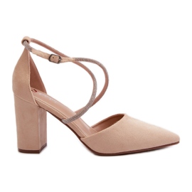 Décolleté con tacco alto in ecopelle scamosciata e zirconi Lagra beige