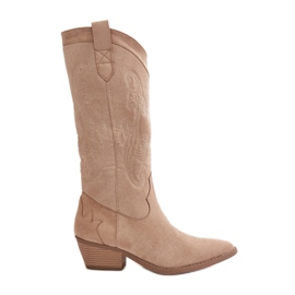 Stivali Cowboy con Tacco Basso da Donna. Realizzati in Eco Camoscio, Ligelia Beige