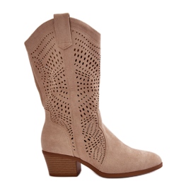 Stivali Cowboy da Donna Traforati con Tacco Alto, Beige Iceda