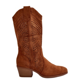 Stivali da cowboy da donna traforati con tacco alto color cammello Iceda marrone
