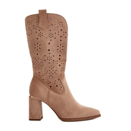 Stivali Traforati Da Donna Con Tacco Alto A Punta, Pelle Scamosciata Eco Nevithra Beige Scuro