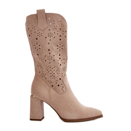 Stivali Traforati Da Donna Con Tacco Alto A Punta, Nevithra Beige In Camoscio Eco