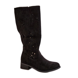 Stivali Da Donna Traforati Con Tacco Basso In Eco Pelle Scamosciata Chiusi Con Cerniera Orchidee Nere nero
