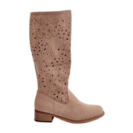 Stivali da donna traforati con tacco basso in ecopelle scamosciata fissati con cerniera Orchidee beige