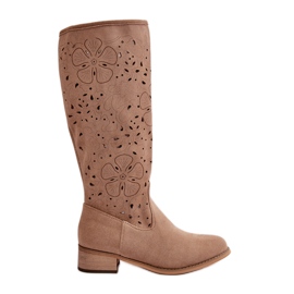 Stivali Da Donna Traforati Con Tacco Basso In Eco Pelle Scamosciata Chiusi Con Cerniera Orchidee Beige Scuro