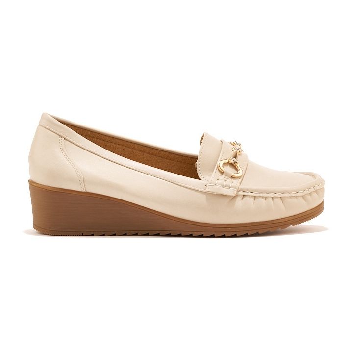 Mocassini zeppa da donna beige con decorazione oro