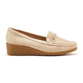 Mocassini zeppa da donna beige con decorazione oro