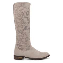 Olivier Stivali da donna Emma in camoscio beige realizzati in pelle naturale con fiori in rilievo