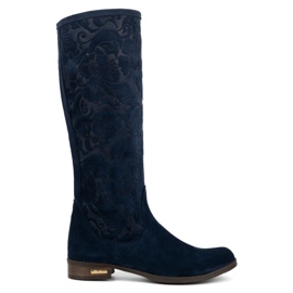 Olivier Stivali da donna in pelle scamosciata realizzati in pelle naturale con fiori Emma in rilievo, blu navy