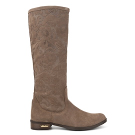 Olivier Stivali da donna in pelle scamosciata realizzati in pelle naturale con fiori Emma in rilievo, beige scuro