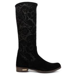 Olivier Stivali da donna in camoscio realizzati in pelle naturale con fiori Emma in rilievo, neri nero