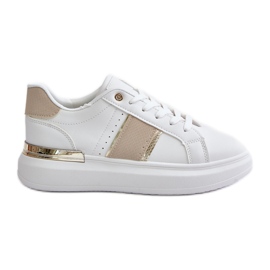 Sneakers da donna alla moda con plateau, realizzate in ecopelle, Nevisase beige bianca