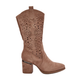 Stivali da cowboy traforati da donna con tacco alto in ecopelle scamosciata beige S.Barski HY42-028