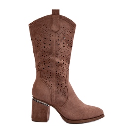 Stivali da cowboy traforati da donna con tacco alto in ecopelle scamosciata marrone S.Barski HY42-028