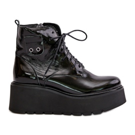 Zazoo 60499 Stivali Da Donna In Vernice Su Plateau E Zeppa In Calda Pelle Naturale Verde Scuro nero