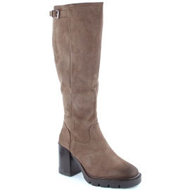 Stivali da donna beige con tacco e plateau in camoscio Vinceza 58106
