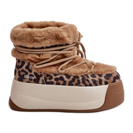 Stivali da neve in pelle da donna su suola spessa con pelliccia leopardata Big Star OO274A208 Marrone beige
