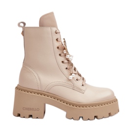 Stivaletti Worker da Donna in Pelle con Farfalla, Beige CheBello 4590