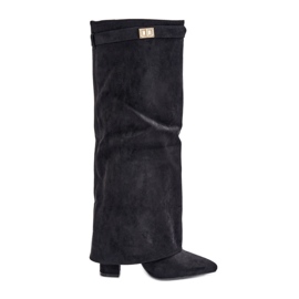Stivali Da Donna In Eco Camoscio Con Tacco Superiore Risvolto, Nero Bralise