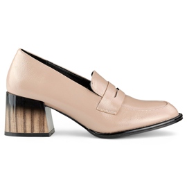 Scarpe da donna beige vernice con tacco basso e comodo