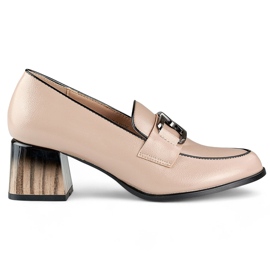 Scarpe da donna eleganti beige con tacco rosso, décolleté in vernice