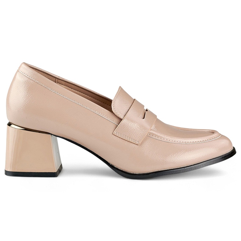 Scarpe beige in vernice con tacco basso e comodo, eleganti décolleté beige