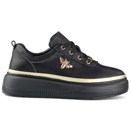Sneakers da donna in pelle nera con accessori dorati nero