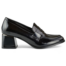 Scarpe in vernice nera con tacco basso e comodo, eleganti décolleté beige nero