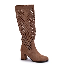 Stivali con tacco alto traforati in pelle scamosciata beige Jolenna