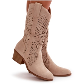 Stivali Cowboy da Donna Traforati con Tacco Alto, Beige Iceda