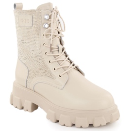 Stivaletti da donna in pelle con strass, beige Goe OO2N4108