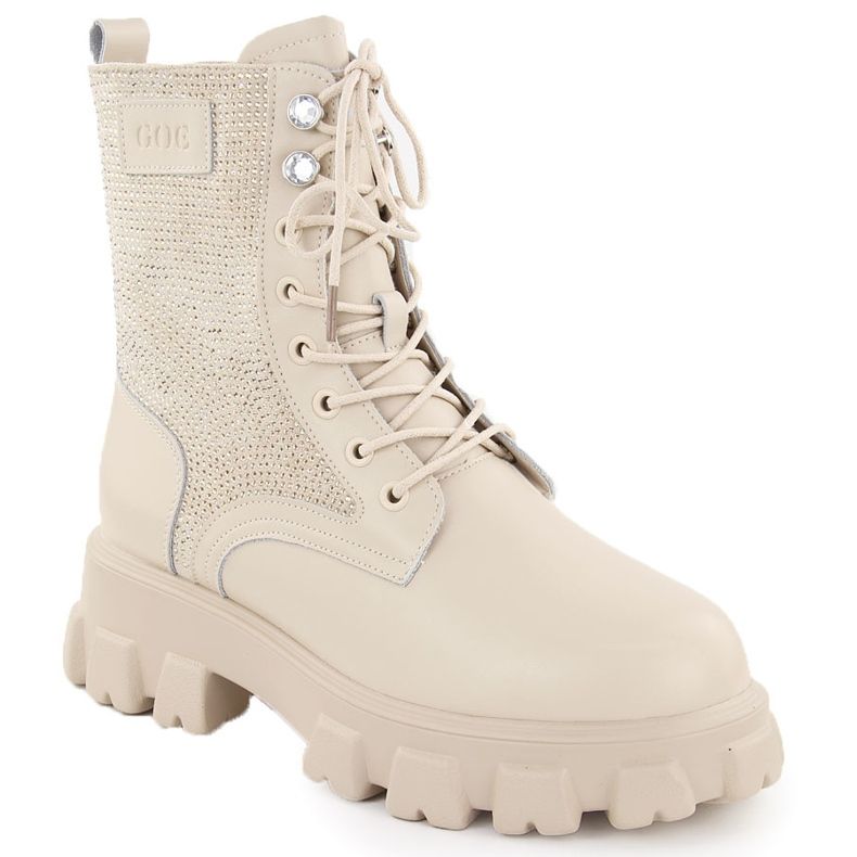 Stivaletti da donna in pelle con strass, beige Goe OO2N4108