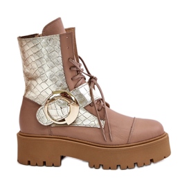 Zazoo 2942 Stivaletti da lavoro in pelle beige con fibbia dorata