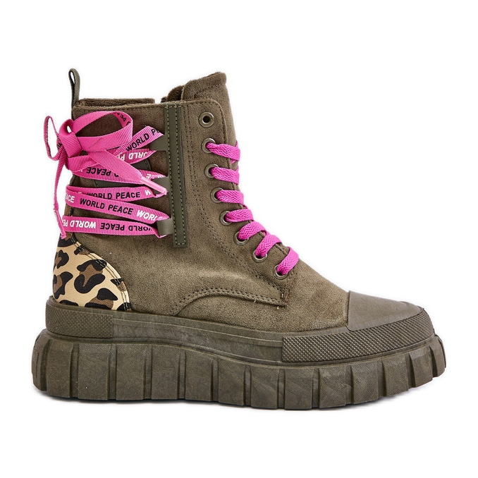 Stivali Da Donna Con Plateau Con Lacci Decorativi, Edidda Verde Leopardo