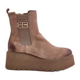 Zazoo 60498 Stivaletti Da Donna In Pelle Scamosciata Chelsea Boots Su Platform E Zeppe Beige
