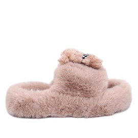 Pantofole in pelliccia Bando Khaki con orsetto beige