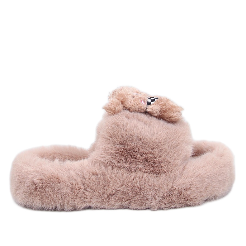 Pantofole in pelliccia Bando Khaki con orsetto beige