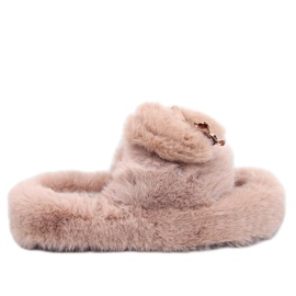 Pantofole in pelliccia con fiocco e orsetto Burano Khaki beige