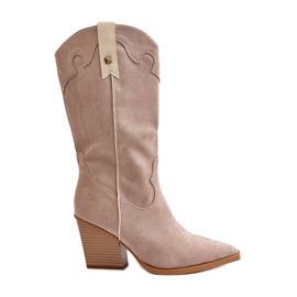 Stivali da cowboy isolati su tacco alto in ecopelle scamosciata beige Hanivin